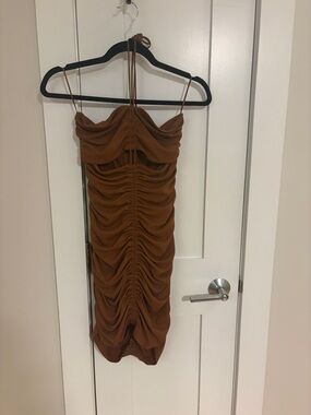 Zara Brown Ruched Midi Dress with Double Spaghetti Straps